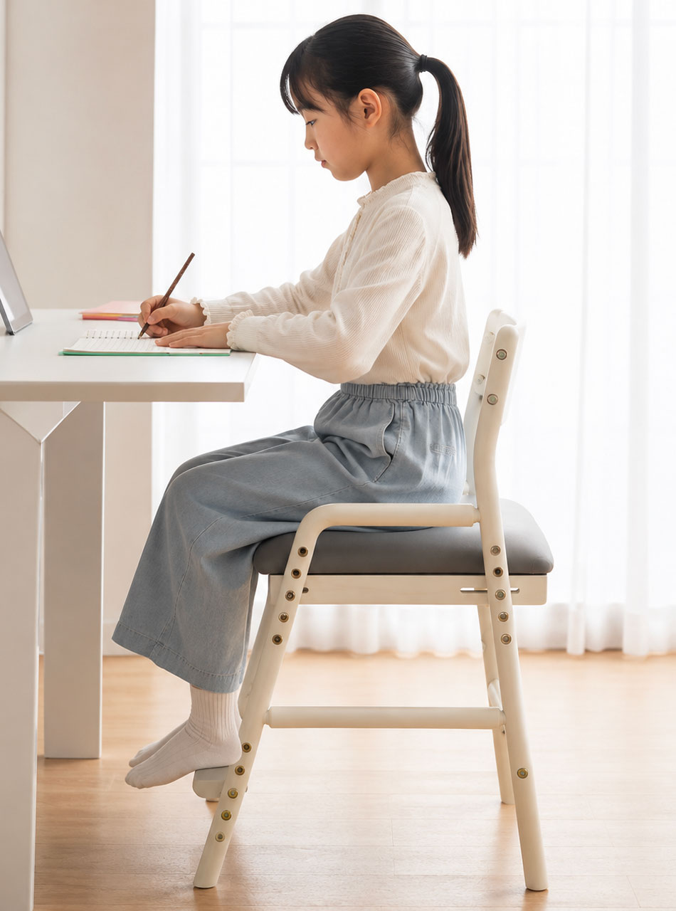 机に向かって座って勉強する子ども（学習姿勢の参考）